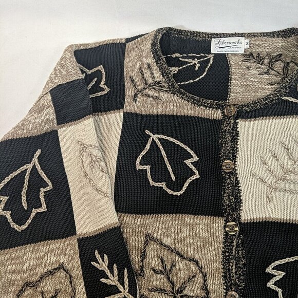 Fiberworks Hand Embroidered Brown Leaves Knit Cardigan Sweater Button M Black - Picture 4 of 15